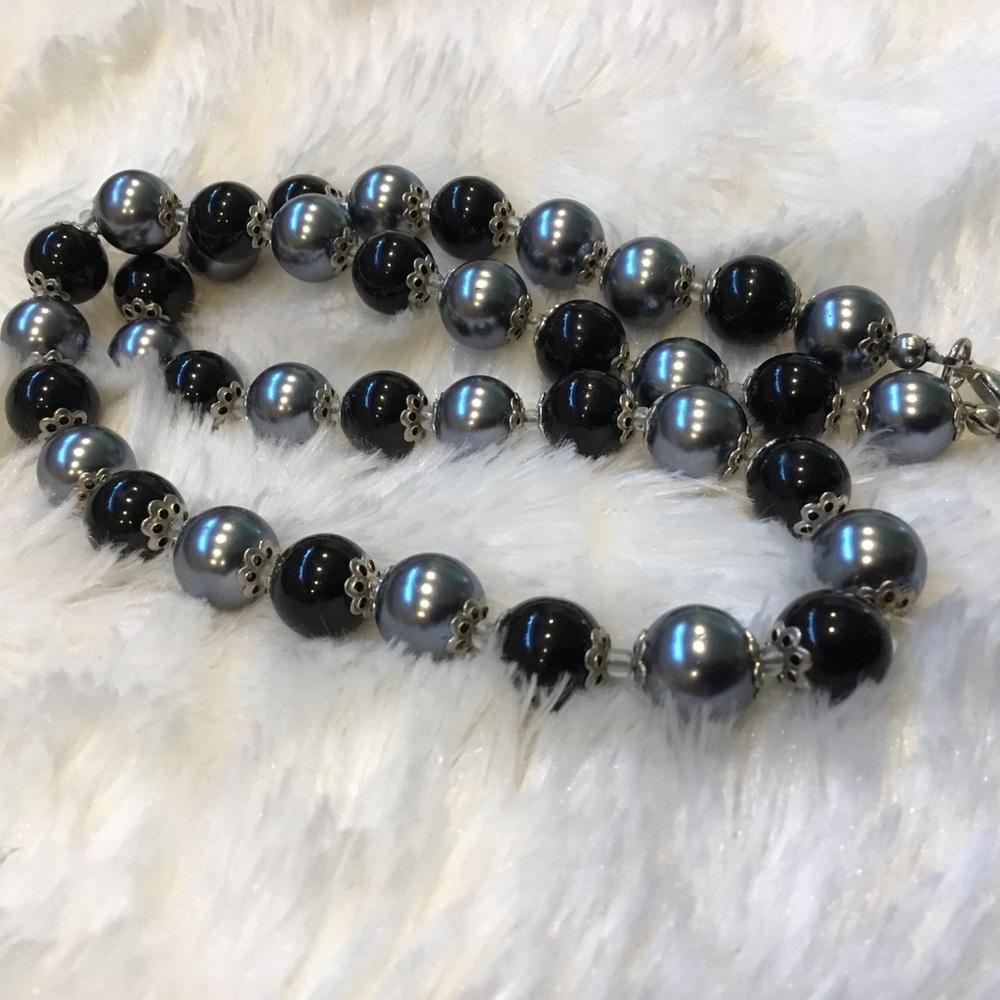 Vintage Silver Pearl, Black Glass Beaded Necklace